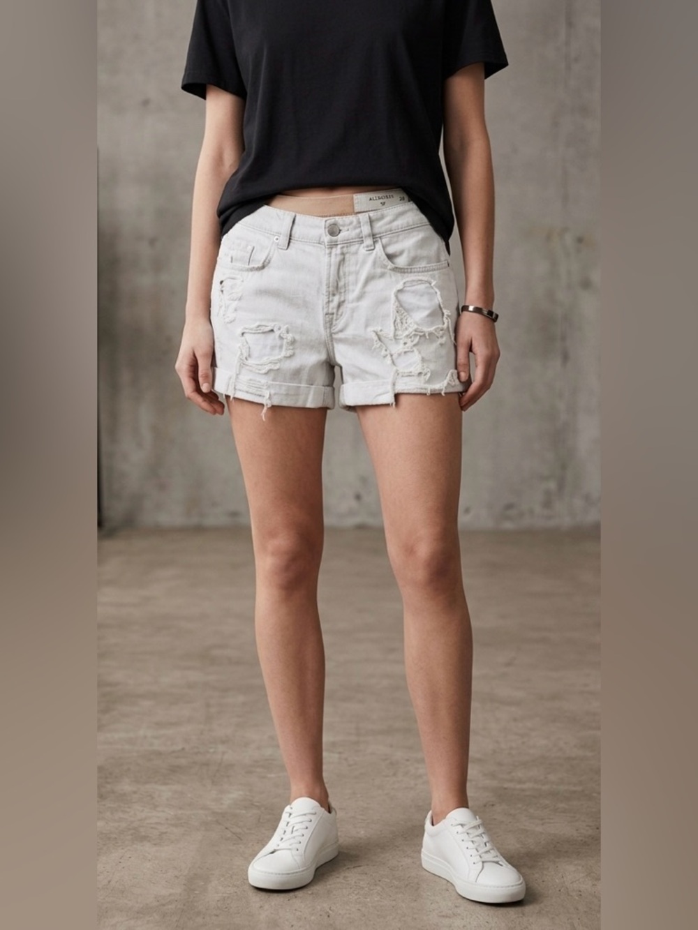 AllSaints light wash Distressed Rolled-Hem Jean Shorts size 28